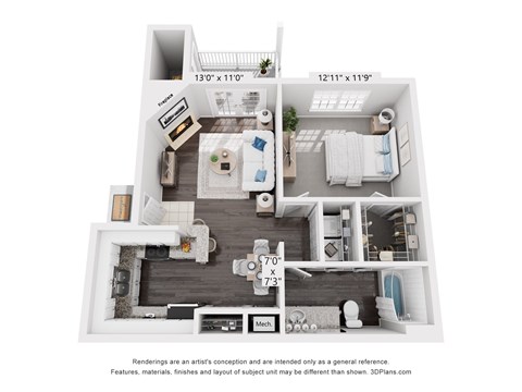 Floor plan for 1 bed, 1 bath, 803 sqft